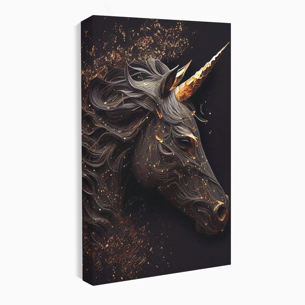 Tablou Canvas Premium, LuxCanva® M1352, Unicornul de Abanos, Unicorn, Portret, Vertical, Auriu, Abstract, Elegant, Mistic, Obscur, Intunecat, Birou, Living, Camera Copil