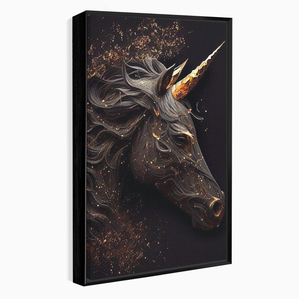 Tablou Canvas Premium, LuxCanva® M1352, Unicornul de Abanos, Unicorn, Portret, Vertical, Auriu, Abstract, Elegant, Mistic, Obscur, Intunecat, Birou, Living, Camera Copil
