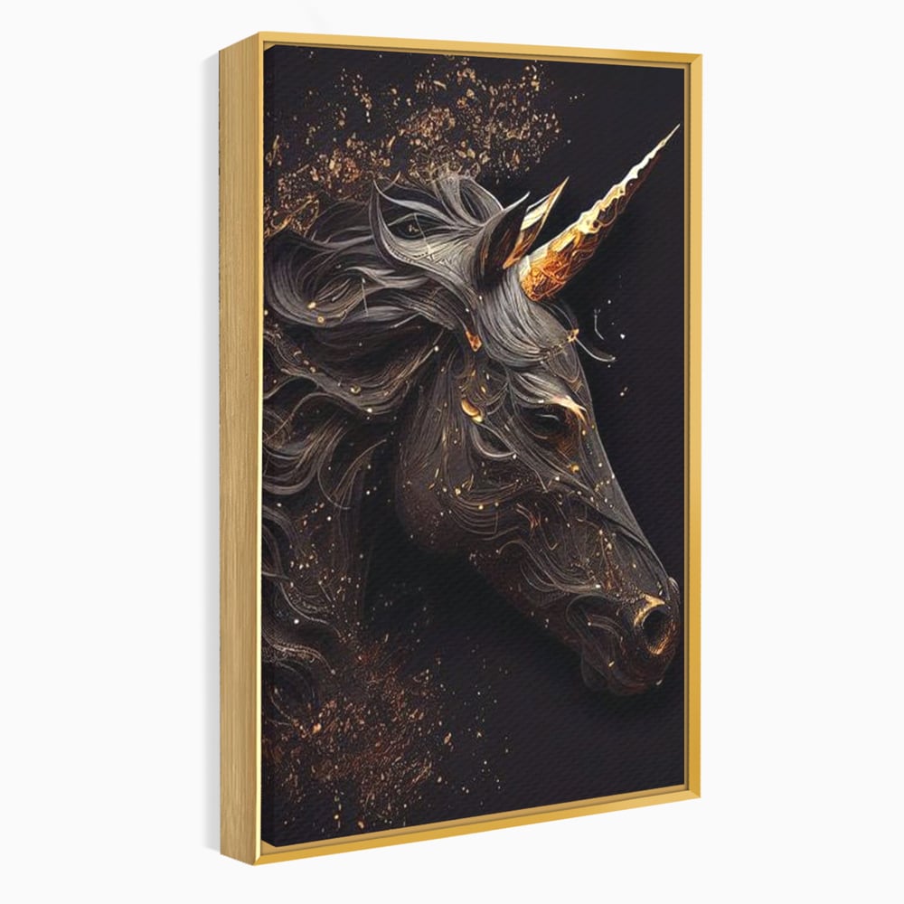 Tablou Canvas Premium, LuxCanva® M1352, Unicornul de Abanos, Unicorn, Portret, Vertical, Auriu, Abstract, Elegant, Mistic, Obscur, Intunecat, Birou, Living, Camera Copil