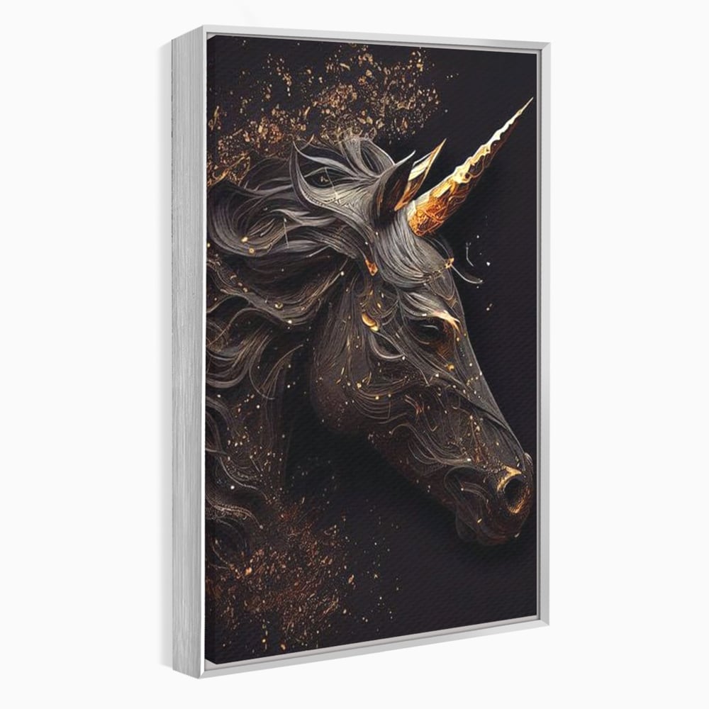Tablou Canvas Premium, LuxCanva® M1352, Unicornul de Abanos, Unicorn, Portret, Vertical, Auriu, Abstract, Elegant, Mistic, Obscur, Intunecat, Birou, Living, Camera Copil