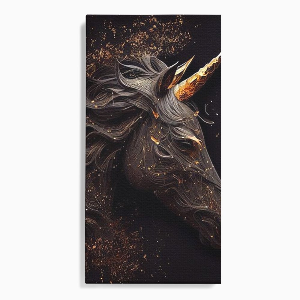 Tablou Canvas Premium, LuxCanva® M1352, Unicornul de Abanos, Unicorn, Portret, Vertical, Auriu, Abstract, Elegant, Mistic, Obscur, Intunecat, Birou, Living, Camera Copil