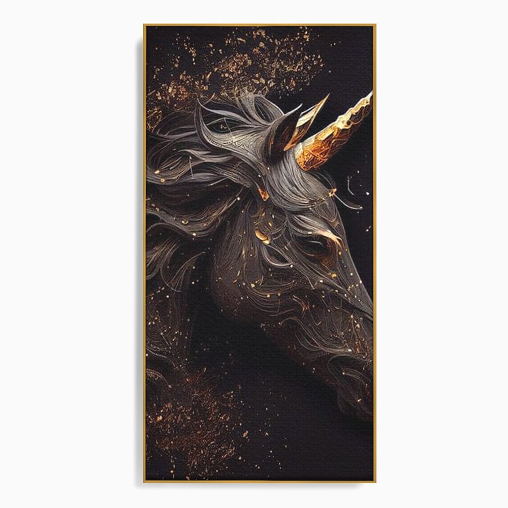 Tablou Canvas Premium, LuxCanva® M1352, Unicornul de Abanos, Unicorn, Portret, Vertical, Auriu, Abstract, Elegant, Mistic, Obscur, Intunecat, Birou, Living, Camera Copil