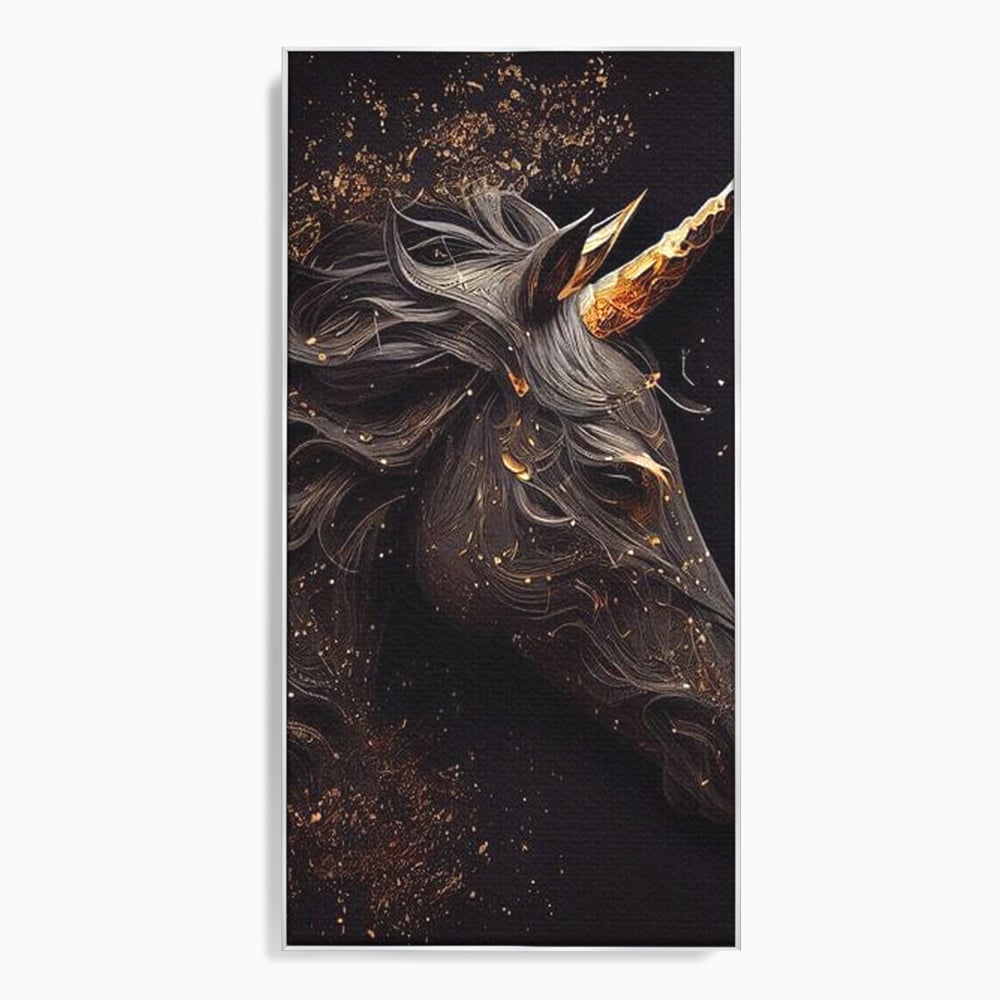Tablou Canvas Premium, LuxCanva® M1352, Unicornul de Abanos, Unicorn, Portret, Vertical, Auriu, Abstract, Elegant, Mistic, Obscur, Intunecat, Birou, Living, Camera Copil