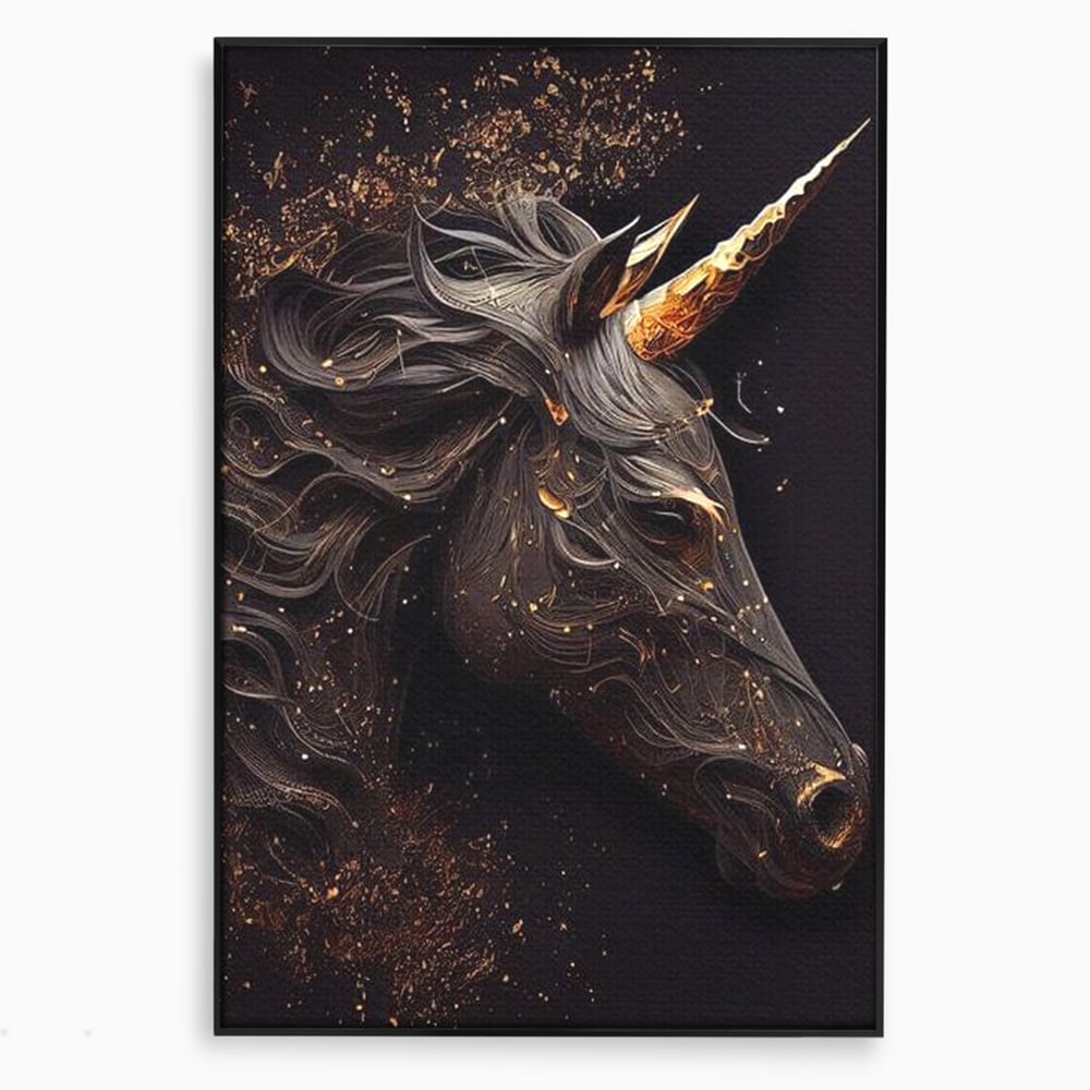 Tablou Canvas Premium, LuxCanva® M1352, Unicornul de Abanos, Unicorn, Portret, Vertical, Auriu, Abstract, Elegant, Mistic, Obscur, Intunecat, Birou, Living, Camera Copil