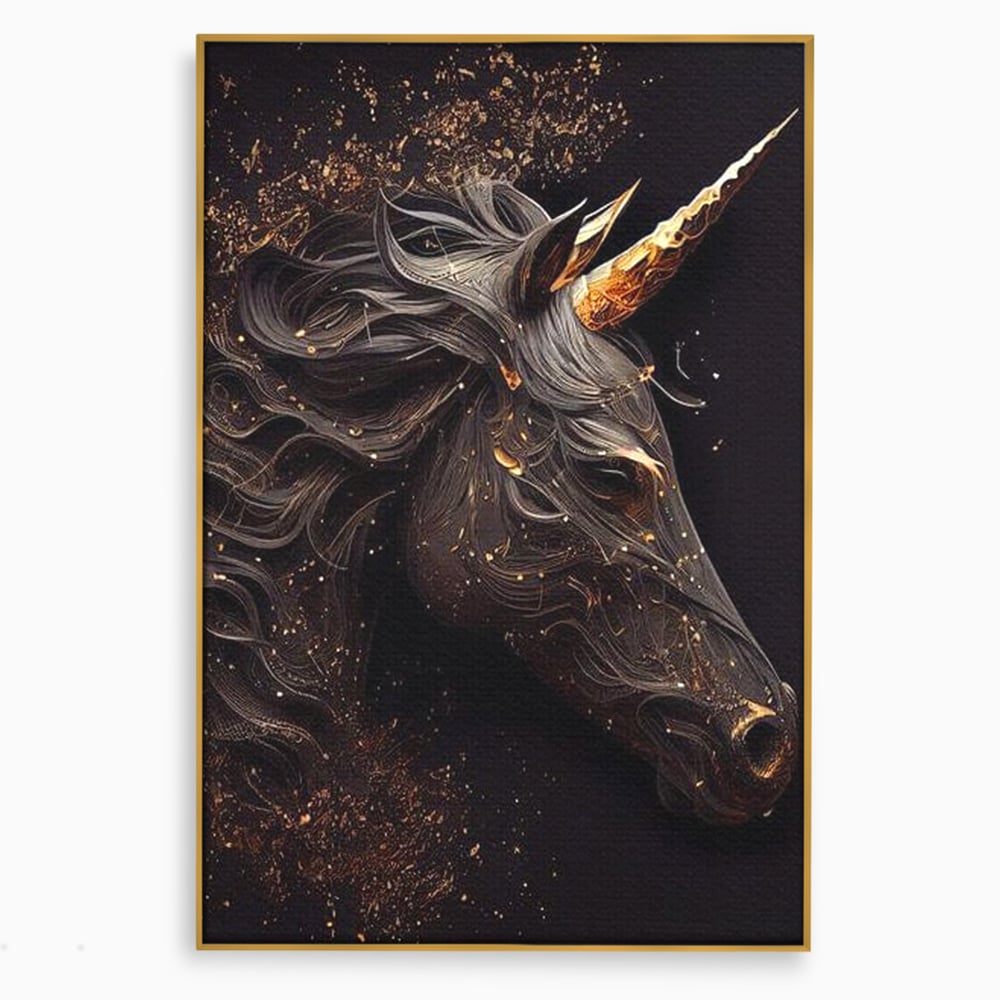 Tablou Canvas Premium, LuxCanva® M1352, Unicornul de Abanos, Unicorn, Portret, Vertical, Auriu, Abstract, Elegant, Mistic, Obscur, Intunecat, Birou, Living, Camera Copil
