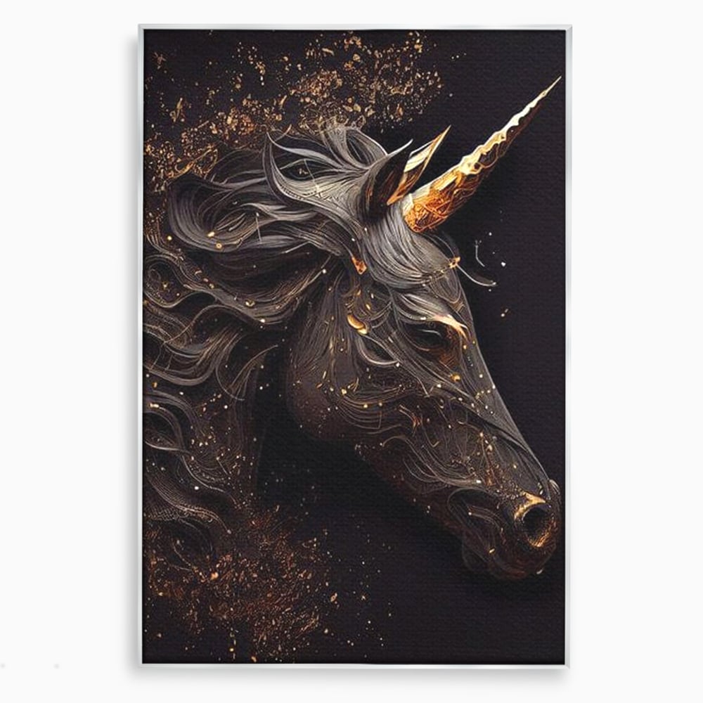 Tablou Canvas Premium, LuxCanva® M1352, Unicornul de Abanos, Unicorn, Portret, Vertical, Auriu, Abstract, Elegant, Mistic, Obscur, Intunecat, Birou, Living, Camera Copil