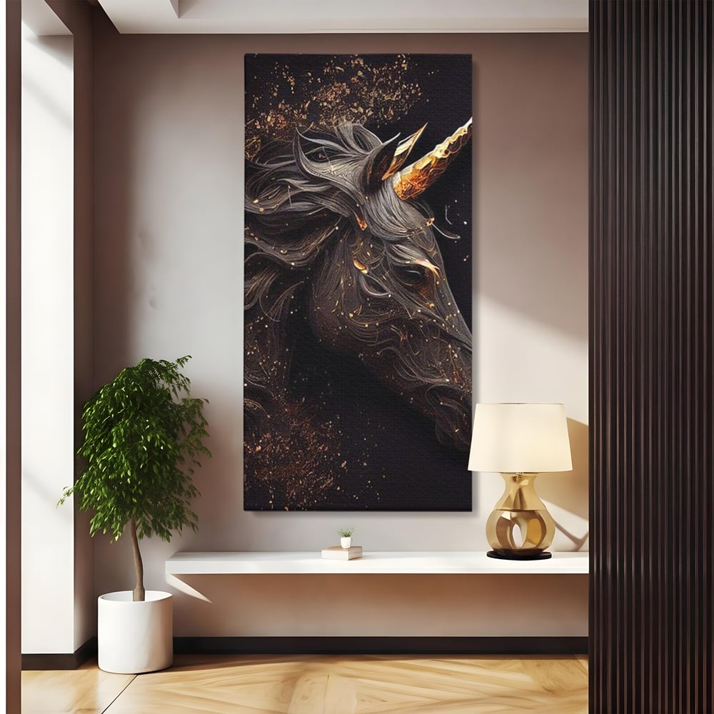 Tablou Canvas Premium, LuxCanva® M1352, Unicornul de Abanos, Unicorn, Portret, Vertical, Auriu, Abstract, Elegant, Mistic, Obscur, Intunecat, Birou, Living, Camera Copil