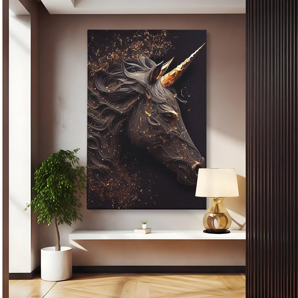 Tablou Canvas Premium, LuxCanva® M1352, Unicornul de Abanos, Unicorn, Portret, Vertical, Auriu, Abstract, Elegant, Mistic, Obscur, Intunecat, Birou, Living, Camera Copil