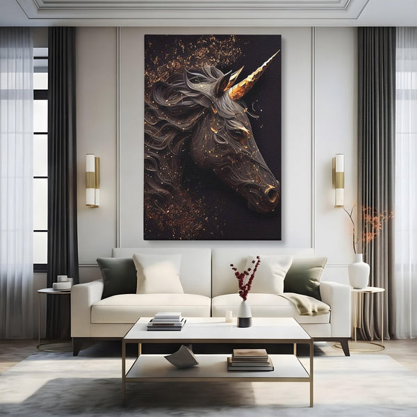Tablou Canvas Premium, LuxCanva® M1352, Unicornul de Abanos, Unicorn, Portret, Vertical, Auriu, Abstract, Elegant, Mistic, Obscur, Intunecat, Birou, Living, Camera Copil