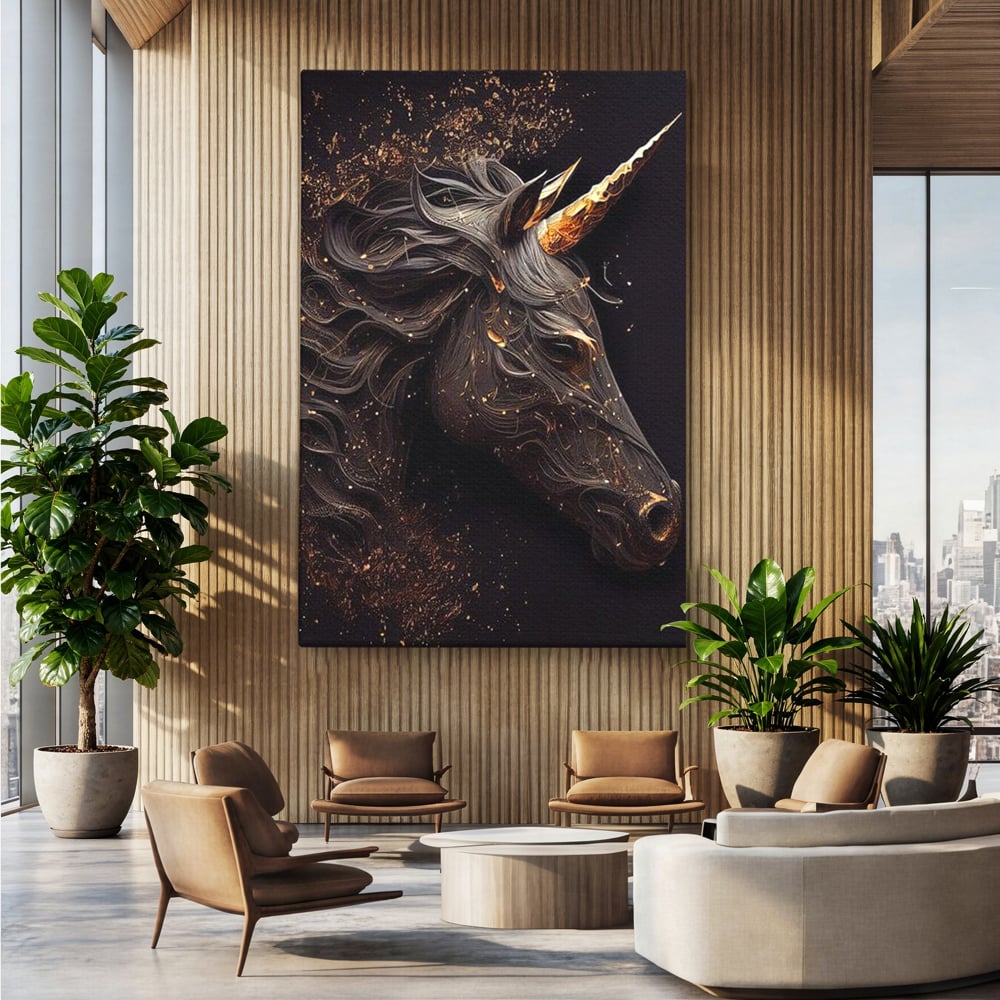 Tablou Canvas Premium, LuxCanva® M1352, Unicornul de Abanos, Unicorn, Portret, Vertical, Auriu, Abstract, Elegant, Mistic, Obscur, Intunecat, Birou, Living, Camera Copil