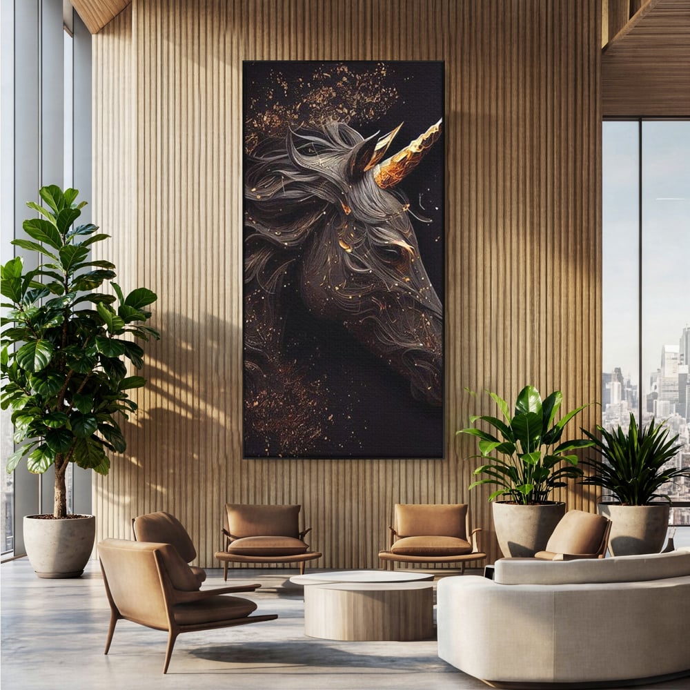 Tablou Canvas Premium, LuxCanva® M1352, Unicornul de Abanos, Unicorn, Portret, Vertical, Auriu, Abstract, Elegant, Mistic, Obscur, Intunecat, Birou, Living, Camera Copil