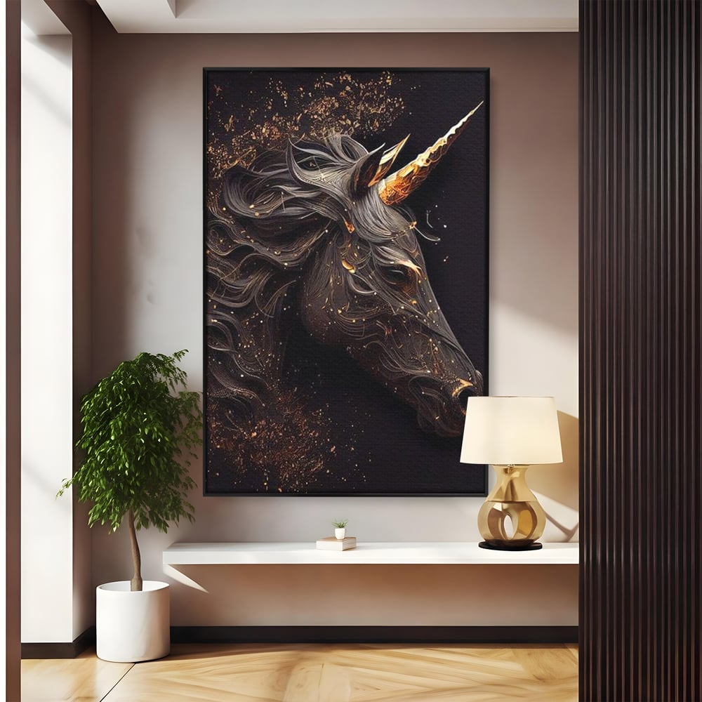Tablou Canvas Premium, LuxCanva® M1352, Unicornul de Abanos, Unicorn, Portret, Vertical, Auriu, Abstract, Elegant, Mistic, Obscur, Intunecat, Birou, Living, Camera Copil