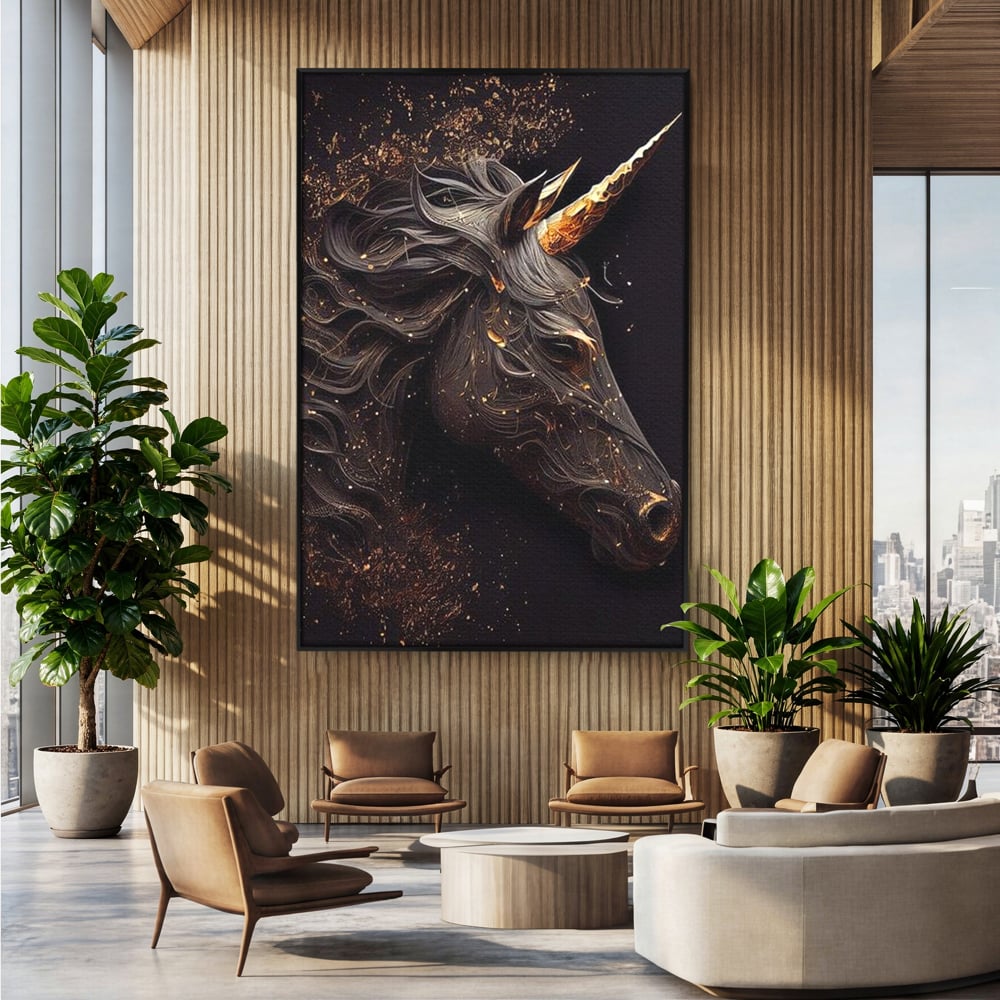 Tablou Canvas Premium, LuxCanva® M1352, Unicornul de Abanos, Unicorn, Portret, Vertical, Auriu, Abstract, Elegant, Mistic, Obscur, Intunecat, Birou, Living, Camera Copil