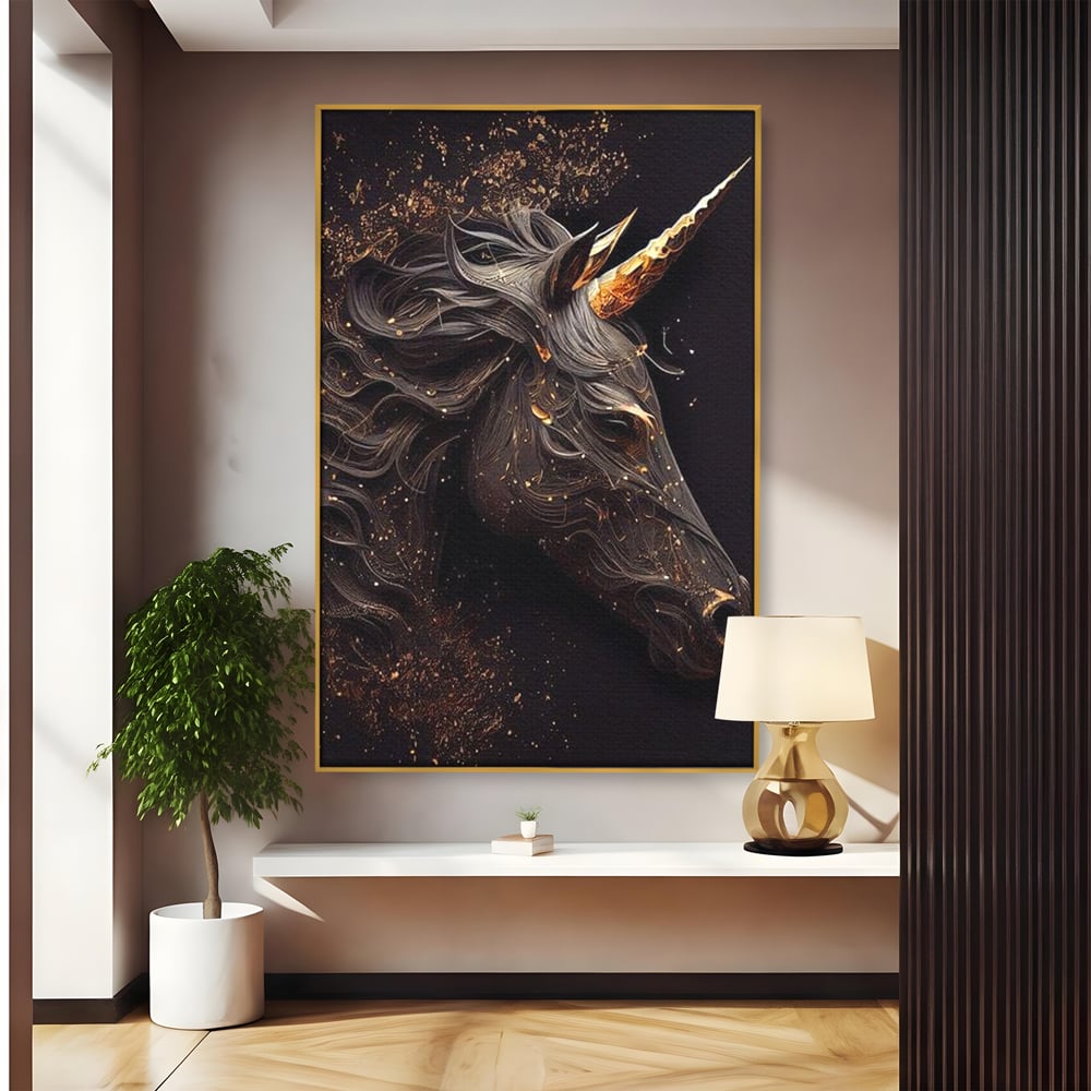 Tablou Canvas Premium, LuxCanva® M1352, Unicornul de Abanos, Unicorn, Portret, Vertical, Auriu, Abstract, Elegant, Mistic, Obscur, Intunecat, Birou, Living, Camera Copil