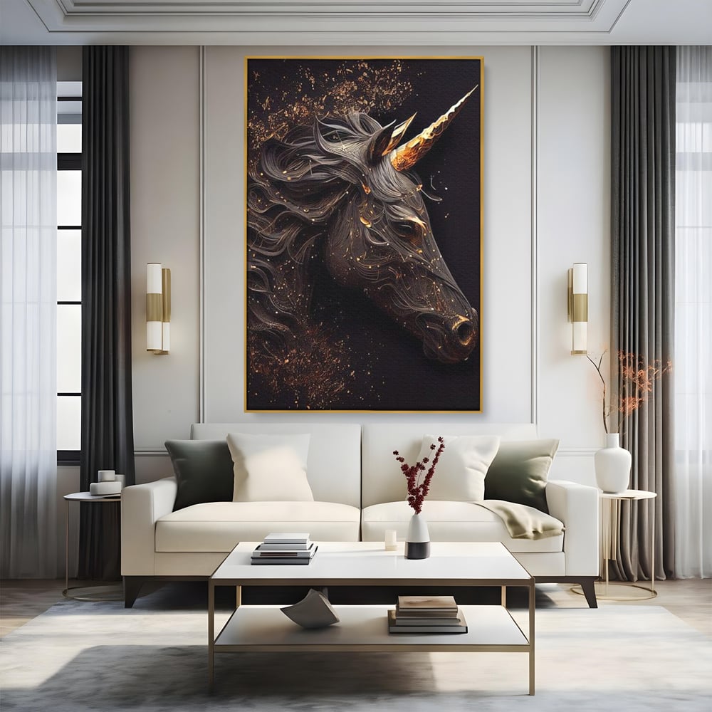 Tablou Canvas Premium, LuxCanva® M1352, Unicornul de Abanos, Unicorn, Portret, Vertical, Auriu, Abstract, Elegant, Mistic, Obscur, Intunecat, Birou, Living, Camera Copil