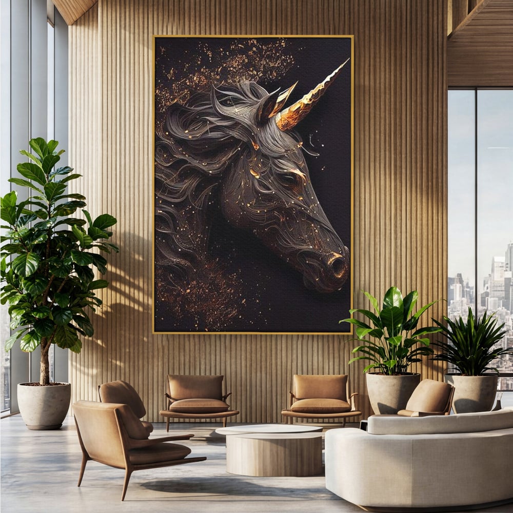 Tablou Canvas Premium, LuxCanva® M1352, Unicornul de Abanos, Unicorn, Portret, Vertical, Auriu, Abstract, Elegant, Mistic, Obscur, Intunecat, Birou, Living, Camera Copil