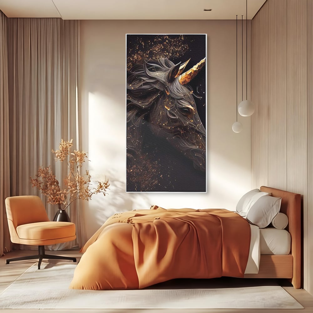Tablou Canvas Premium, LuxCanva® M1352, Unicornul de Abanos, Unicorn, Portret, Vertical, Auriu, Abstract, Elegant, Mistic, Obscur, Intunecat, Birou, Living, Camera Copil