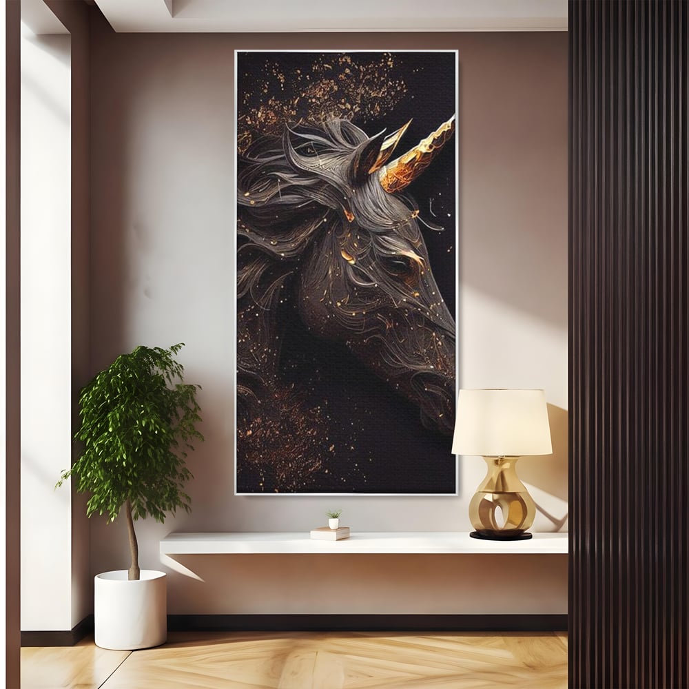 Tablou Canvas Premium, LuxCanva® M1352, Unicornul de Abanos, Unicorn, Portret, Vertical, Auriu, Abstract, Elegant, Mistic, Obscur, Intunecat, Birou, Living, Camera Copil