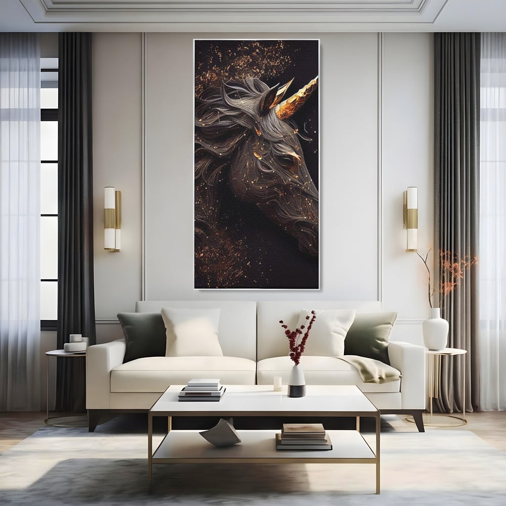 Tablou Canvas Premium, LuxCanva® M1352, Unicornul de Abanos, Unicorn, Portret, Vertical, Auriu, Abstract, Elegant, Mistic, Obscur, Intunecat, Birou, Living, Camera Copil