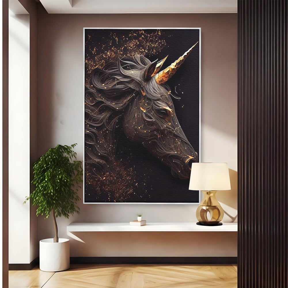 Tablou Canvas Premium, LuxCanva® M1352, Unicornul de Abanos, Unicorn, Portret, Vertical, Auriu, Abstract, Elegant, Mistic, Obscur, Intunecat, Birou, Living, Camera Copil