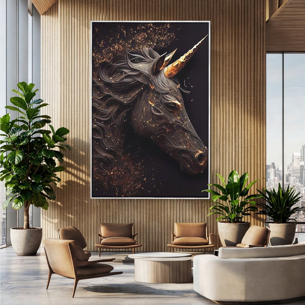 Tablou Canvas Premium, LuxCanva® M1352, Unicornul de Abanos, Unicorn, Portret, Vertical, Auriu, Abstract, Elegant, Mistic, Obscur, Intunecat, Birou, Living, Camera Copil