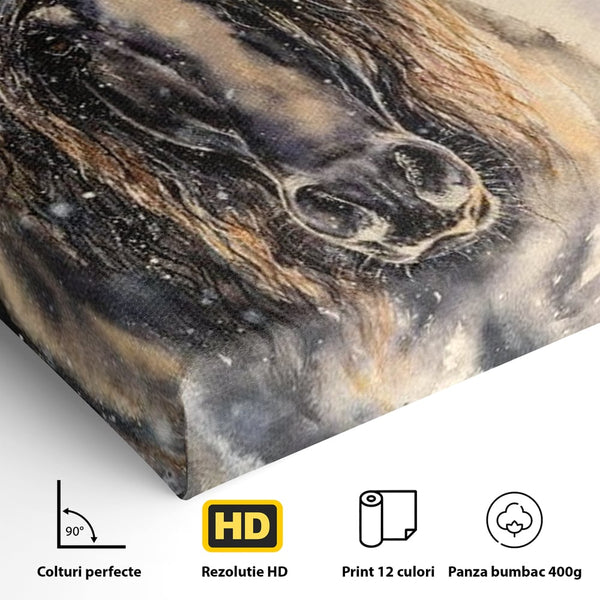 Leinwand Wandkunst Canvas Premium, LuxCanva® M1355, Reise durch den Schneesturm, Pferd, Tier, Winter, Schnee, Sturm, Schnee, Schneesturm, Wind, Licht, Licht, Blick, Malerei, Wild, Büro, Wohnen, Kinderzimmer