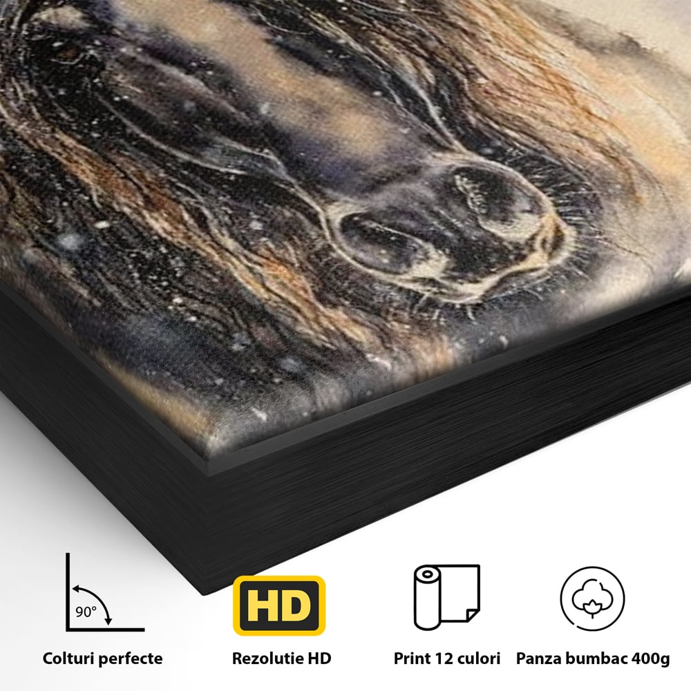 Leinwand Wandkunst Canvas Premium, LuxCanva® M1355, Reise durch den Schneesturm, Pferd, Tier, Winter, Schnee, Sturm, Schnee, Schneesturm, Wind, Licht, Licht, Blick, Malerei, Wild, Büro, Wohnen, Kinderzimmer
