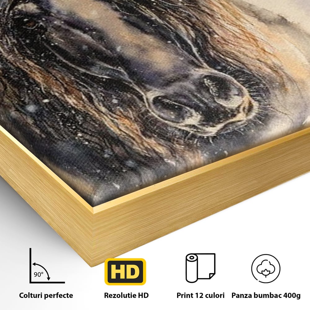 Leinwand Wandkunst Canvas Premium, LuxCanva® M1355, Reise durch den Schneesturm, Pferd, Tier, Winter, Schnee, Sturm, Schnee, Schneesturm, Wind, Licht, Licht, Blick, Malerei, Wild, Büro, Wohnen, Kinderzimmer