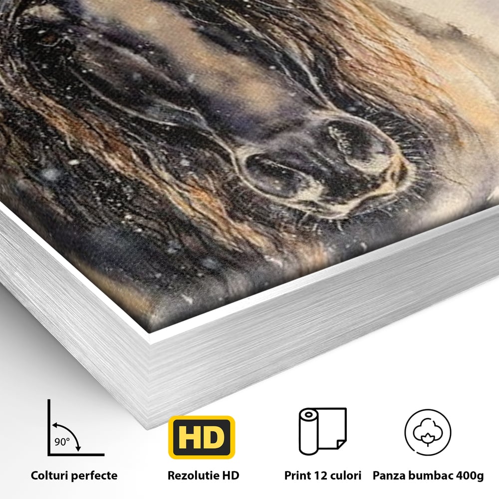 Leinwand Wandkunst Canvas Premium, LuxCanva® M1355, Reise durch den Schneesturm, Pferd, Tier, Winter, Schnee, Sturm, Schnee, Schneesturm, Wind, Licht, Licht, Blick, Malerei, Wild, Büro, Wohnen, Kinderzimmer