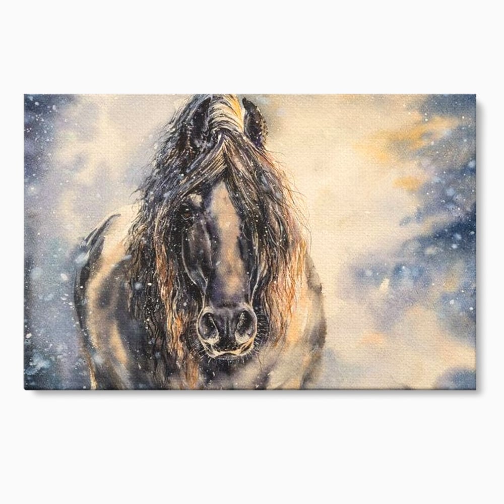 Leinwand Wandkunst Canvas Premium, LuxCanva® M1355, Reise durch den Schneesturm, Pferd, Tier, Winter, Schnee, Sturm, Schnee, Schneesturm, Wind, Licht, Licht, Blick, Malerei, Wild, Büro, Wohnen, Kinderzimmer