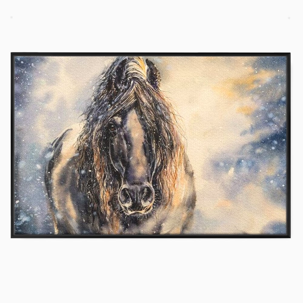 Leinwand Wandkunst Canvas Premium, LuxCanva® M1355, Reise durch den Schneesturm, Pferd, Tier, Winter, Schnee, Sturm, Schnee, Schneesturm, Wind, Licht, Licht, Blick, Malerei, Wild, Büro, Wohnen, Kinderzimmer