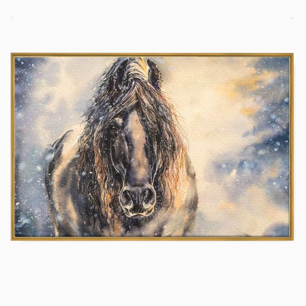 Leinwand Wandkunst Canvas Premium, LuxCanva® M1355, Reise durch den Schneesturm, Pferd, Tier, Winter, Schnee, Sturm, Schnee, Schneesturm, Wind, Licht, Licht, Blick, Malerei, Wild, Büro, Wohnen, Kinderzimmer