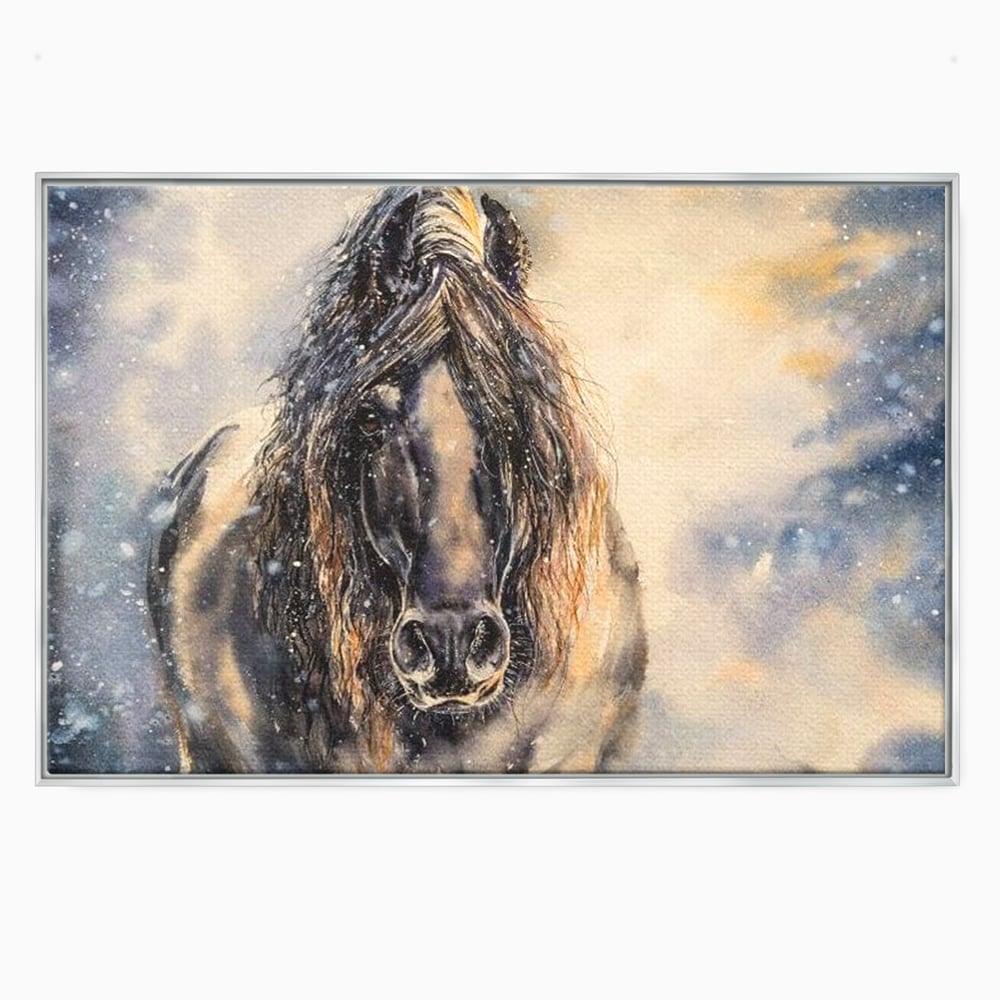 Leinwand Wandkunst Canvas Premium, LuxCanva® M1355, Reise durch den Schneesturm, Pferd, Tier, Winter, Schnee, Sturm, Schnee, Schneesturm, Wind, Licht, Licht, Blick, Malerei, Wild, Büro, Wohnen, Kinderzimmer