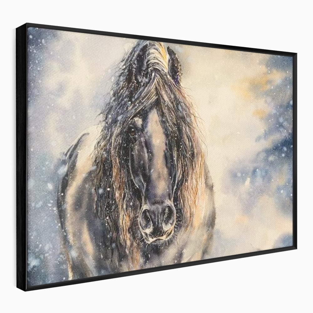Leinwand Wandkunst Canvas Premium, LuxCanva® M1355, Reise durch den Schneesturm, Pferd, Tier, Winter, Schnee, Sturm, Schnee, Schneesturm, Wind, Licht, Licht, Blick, Malerei, Wild, Büro, Wohnen, Kinderzimmer