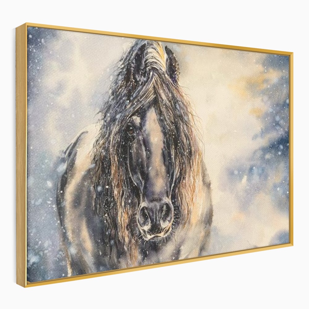 Leinwand Wandkunst Canvas Premium, LuxCanva® M1355, Reise durch den Schneesturm, Pferd, Tier, Winter, Schnee, Sturm, Schnee, Schneesturm, Wind, Licht, Licht, Blick, Malerei, Wild, Büro, Wohnen, Kinderzimmer