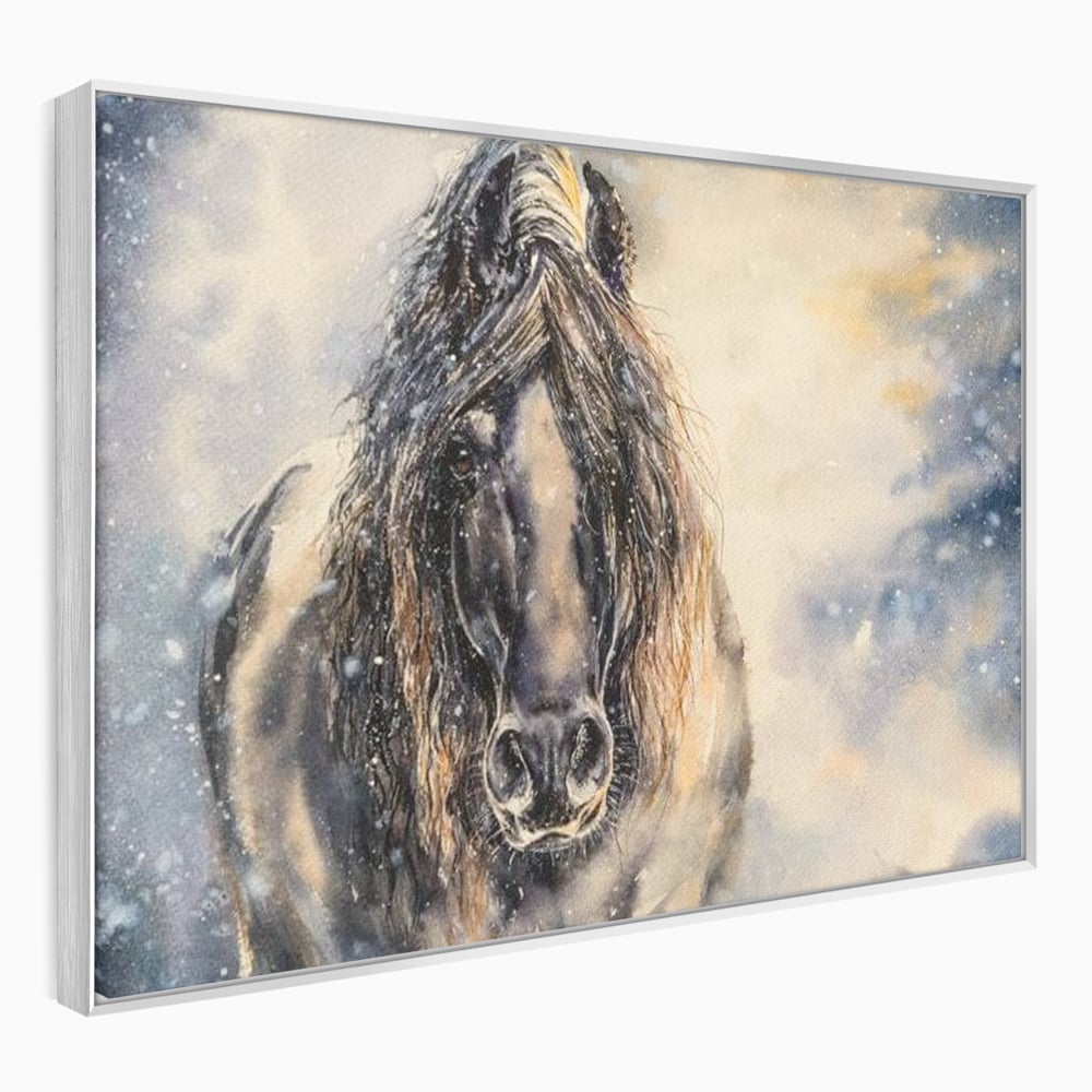 Leinwand Wandkunst Canvas Premium, LuxCanva® M1355, Reise durch den Schneesturm, Pferd, Tier, Winter, Schnee, Sturm, Schnee, Schneesturm, Wind, Licht, Licht, Blick, Malerei, Wild, Büro, Wohnen, Kinderzimmer