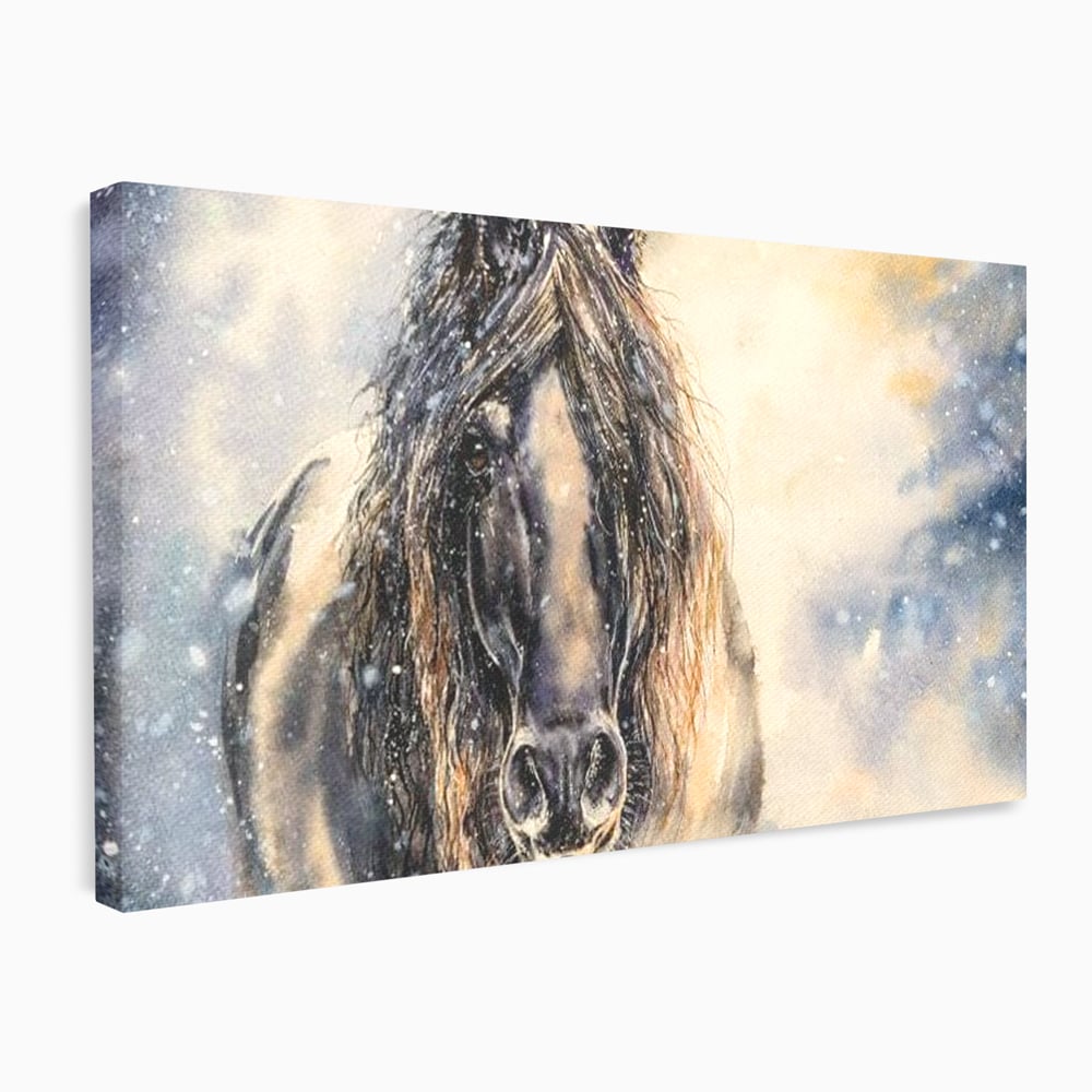 Leinwand Wandkunst Canvas Premium, LuxCanva® M1355, Reise durch den Schneesturm, Pferd, Tier, Winter, Schnee, Sturm, Schnee, Schneesturm, Wind, Licht, Licht, Blick, Malerei, Wild, Büro, Wohnen, Kinderzimmer