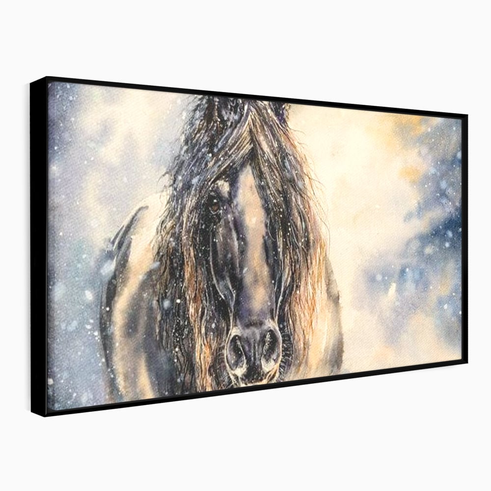 Leinwand Wandkunst Canvas Premium, LuxCanva® M1355, Reise durch den Schneesturm, Pferd, Tier, Winter, Schnee, Sturm, Schnee, Schneesturm, Wind, Licht, Licht, Blick, Malerei, Wild, Büro, Wohnen, Kinderzimmer