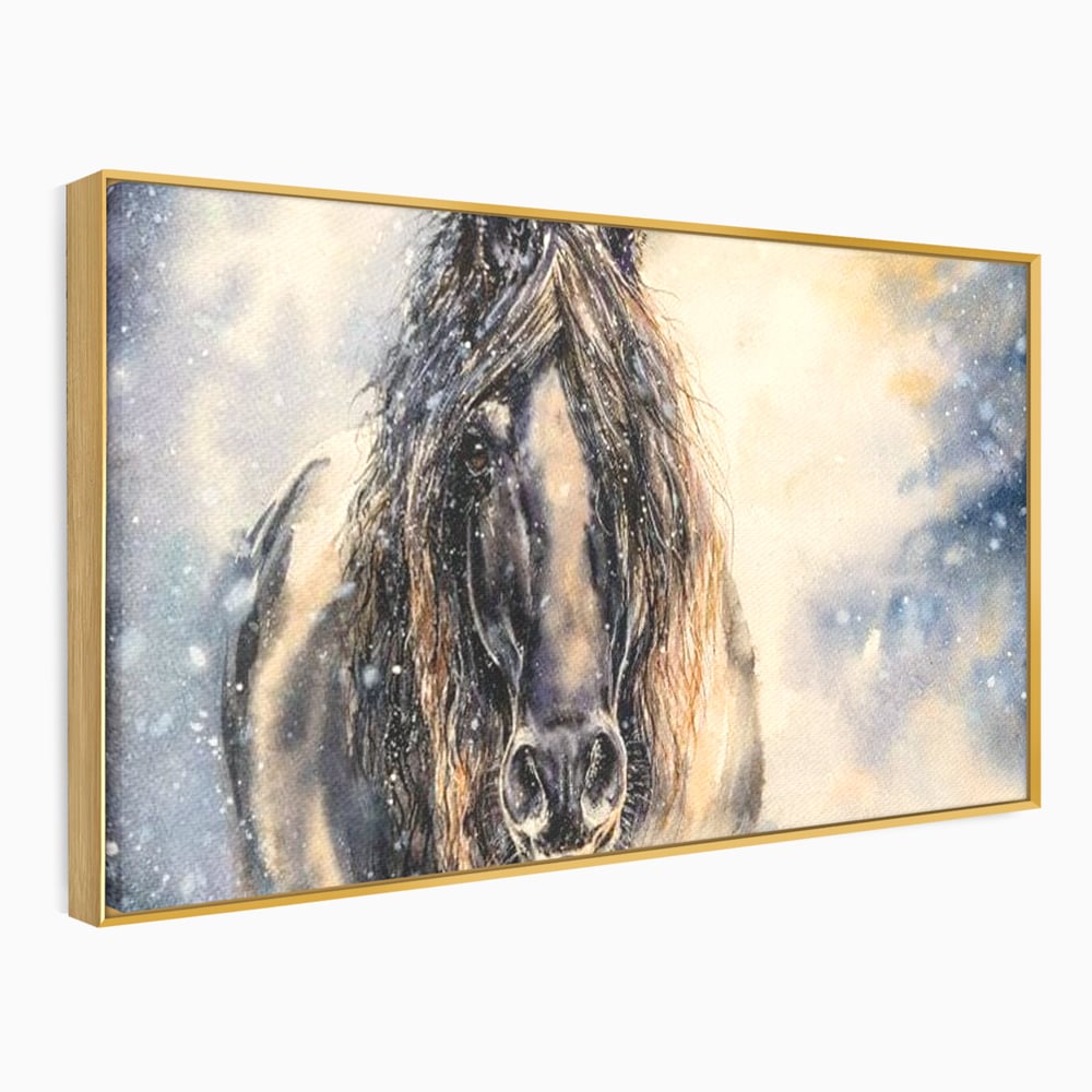 Leinwand Wandkunst Canvas Premium, LuxCanva® M1355, Reise durch den Schneesturm, Pferd, Tier, Winter, Schnee, Sturm, Schnee, Schneesturm, Wind, Licht, Licht, Blick, Malerei, Wild, Büro, Wohnen, Kinderzimmer