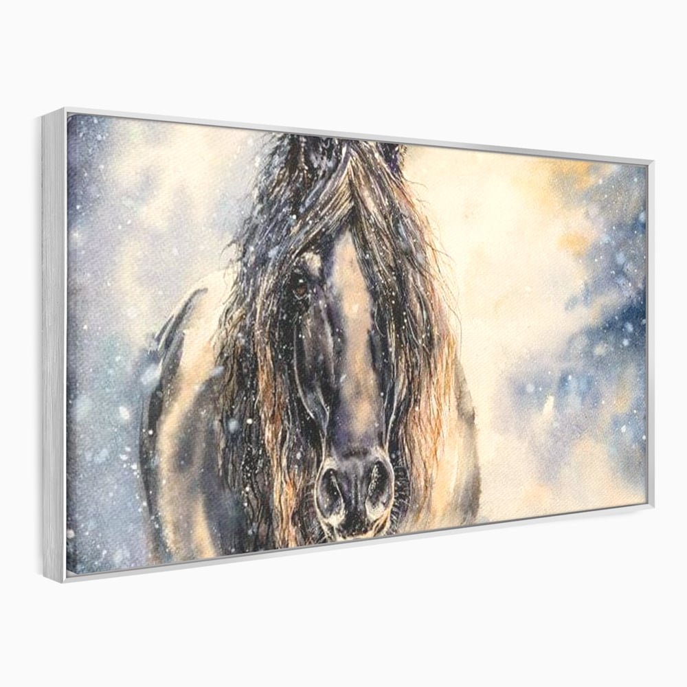 Leinwand Wandkunst Canvas Premium, LuxCanva® M1355, Reise durch den Schneesturm, Pferd, Tier, Winter, Schnee, Sturm, Schnee, Schneesturm, Wind, Licht, Licht, Blick, Malerei, Wild, Büro, Wohnen, Kinderzimmer