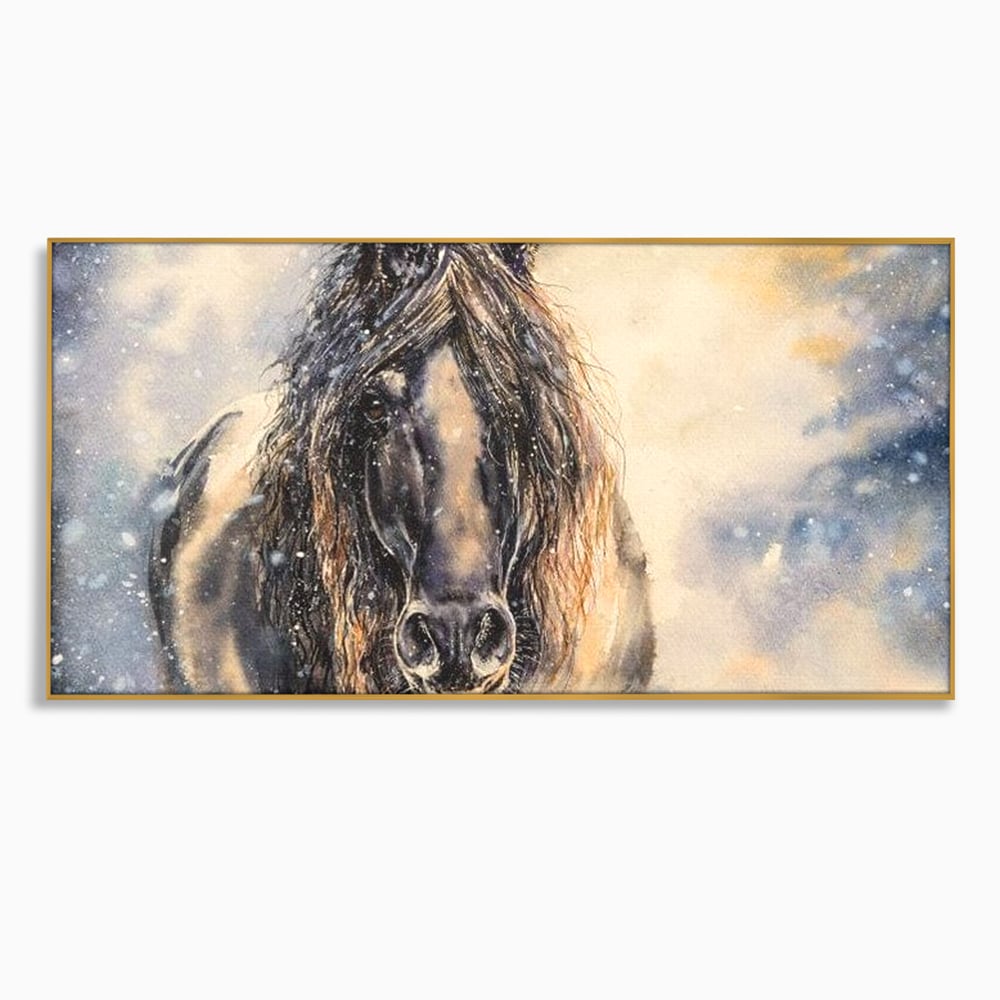 Leinwand Wandkunst Canvas Premium, LuxCanva® M1355, Reise durch den Schneesturm, Pferd, Tier, Winter, Schnee, Sturm, Schnee, Schneesturm, Wind, Licht, Licht, Blick, Malerei, Wild, Büro, Wohnen, Kinderzimmer