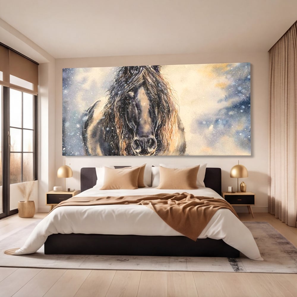 Leinwand Wandkunst Canvas Premium, LuxCanva® M1355, Reise durch den Schneesturm, Pferd, Tier, Winter, Schnee, Sturm, Schnee, Schneesturm, Wind, Licht, Licht, Blick, Malerei, Wild, Büro, Wohnen, Kinderzimmer