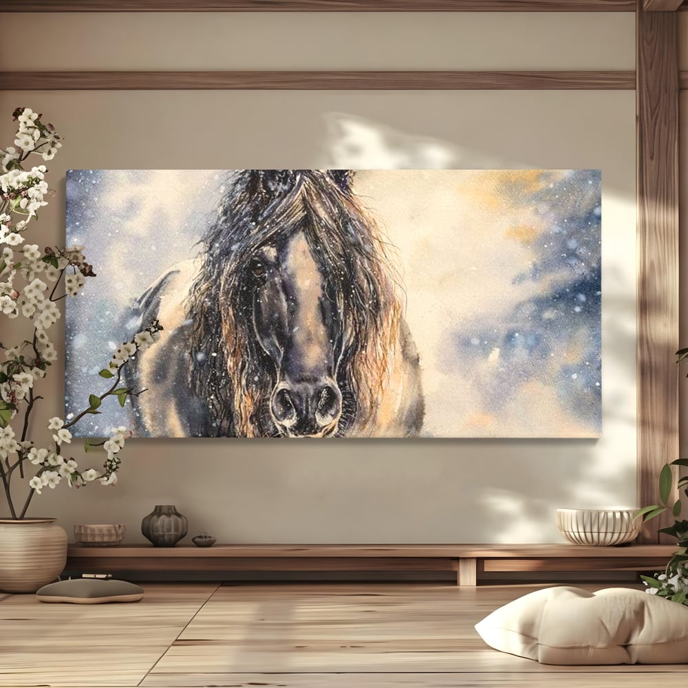 Leinwand Wandkunst Canvas Premium, LuxCanva® M1355, Reise durch den Schneesturm, Pferd, Tier, Winter, Schnee, Sturm, Schnee, Schneesturm, Wind, Licht, Licht, Blick, Malerei, Wild, Büro, Wohnen, Kinderzimmer
