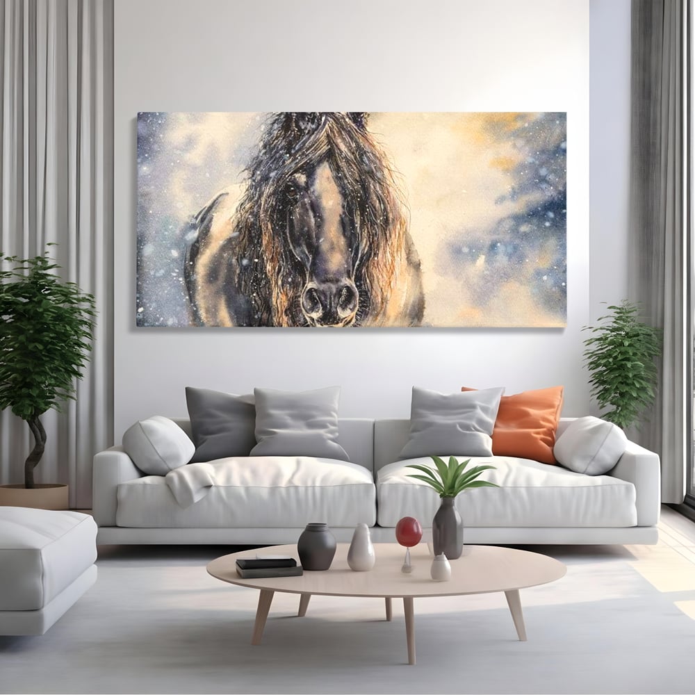 Leinwand Wandkunst Canvas Premium, LuxCanva® M1355, Reise durch den Schneesturm, Pferd, Tier, Winter, Schnee, Sturm, Schnee, Schneesturm, Wind, Licht, Licht, Blick, Malerei, Wild, Büro, Wohnen, Kinderzimmer