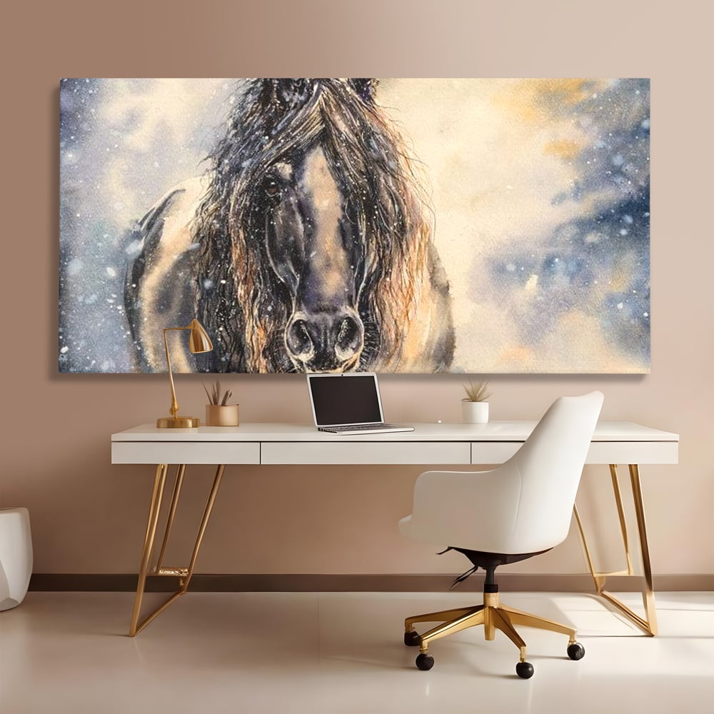 Leinwand Wandkunst Canvas Premium, LuxCanva® M1355, Reise durch den Schneesturm, Pferd, Tier, Winter, Schnee, Sturm, Schnee, Schneesturm, Wind, Licht, Licht, Blick, Malerei, Wild, Büro, Wohnen, Kinderzimmer