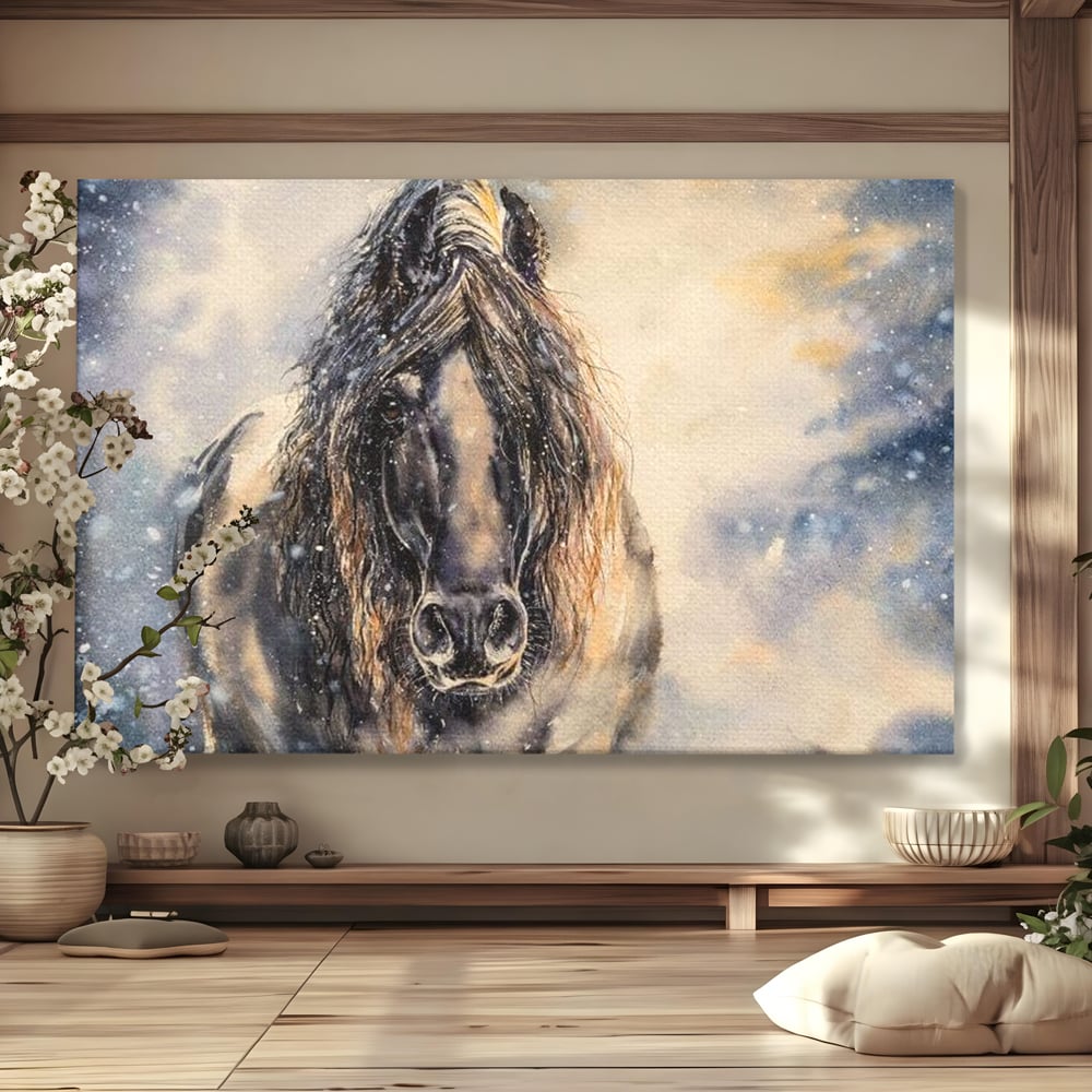 Leinwand Wandkunst Canvas Premium, LuxCanva® M1355, Reise durch den Schneesturm, Pferd, Tier, Winter, Schnee, Sturm, Schnee, Schneesturm, Wind, Licht, Licht, Blick, Malerei, Wild, Büro, Wohnen, Kinderzimmer