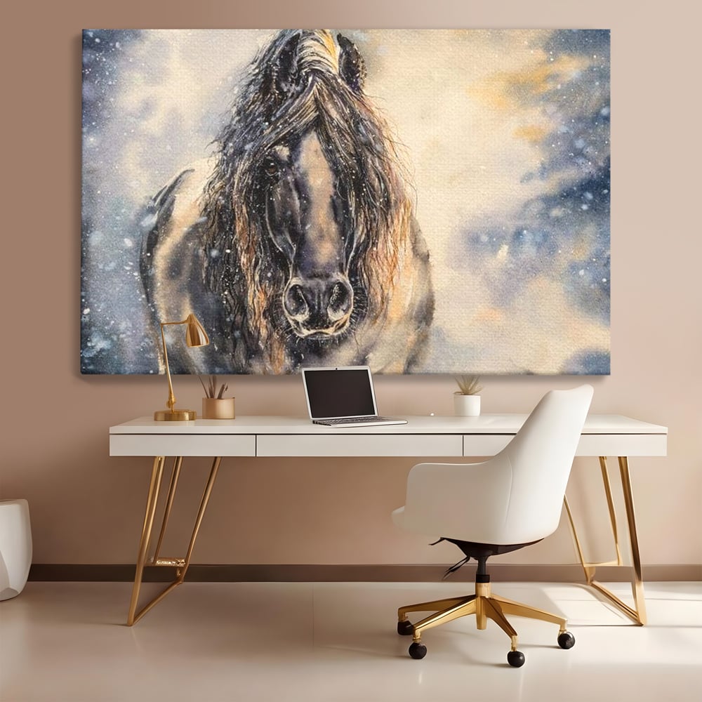 Leinwand Wandkunst Canvas Premium, LuxCanva® M1355, Reise durch den Schneesturm, Pferd, Tier, Winter, Schnee, Sturm, Schnee, Schneesturm, Wind, Licht, Licht, Blick, Malerei, Wild, Büro, Wohnen, Kinderzimmer