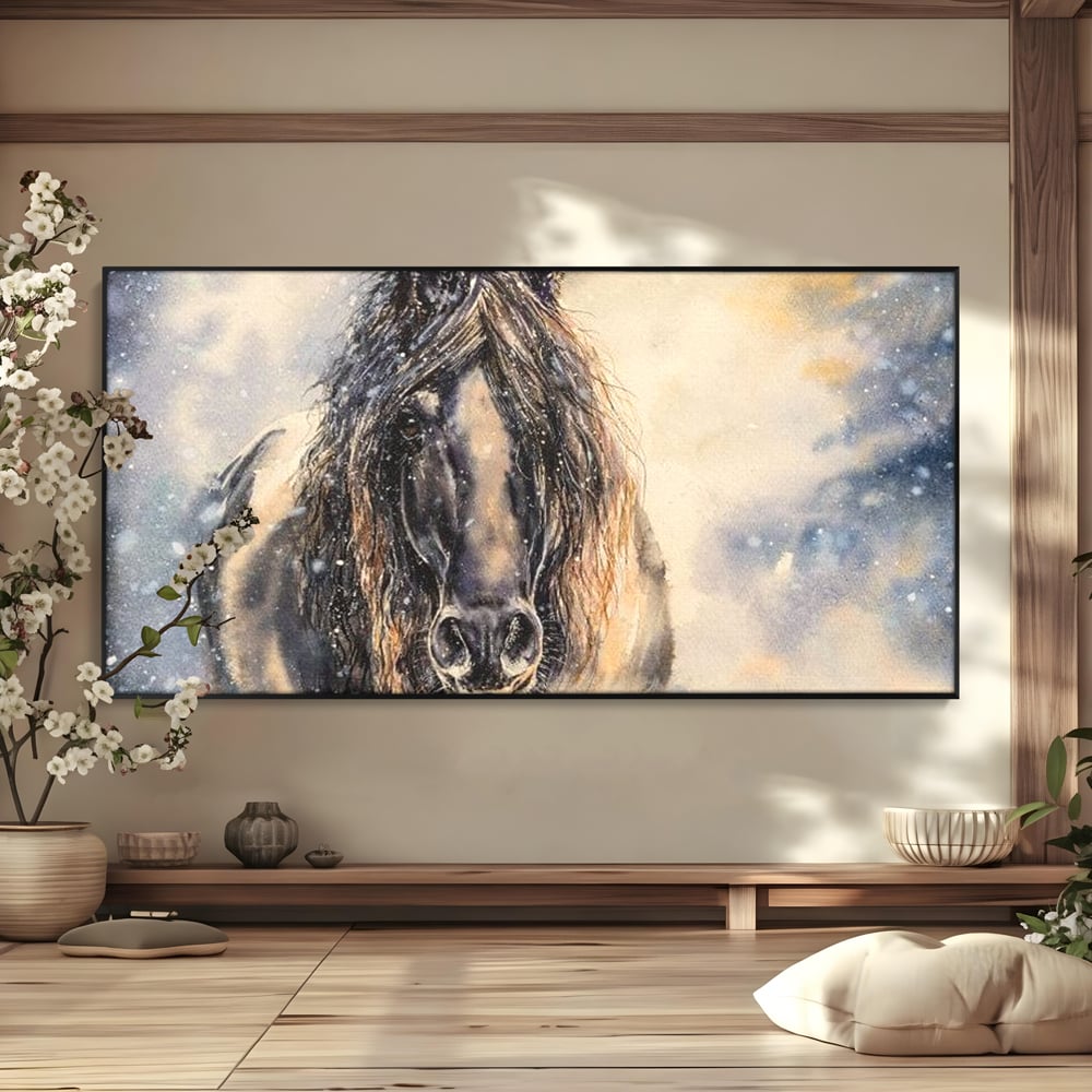 Leinwand Wandkunst Canvas Premium, LuxCanva® M1355, Reise durch den Schneesturm, Pferd, Tier, Winter, Schnee, Sturm, Schnee, Schneesturm, Wind, Licht, Licht, Blick, Malerei, Wild, Büro, Wohnen, Kinderzimmer