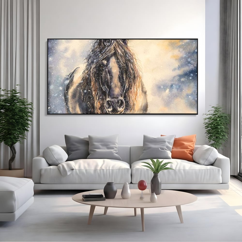 Leinwand Wandkunst Canvas Premium, LuxCanva® M1355, Reise durch den Schneesturm, Pferd, Tier, Winter, Schnee, Sturm, Schnee, Schneesturm, Wind, Licht, Licht, Blick, Malerei, Wild, Büro, Wohnen, Kinderzimmer