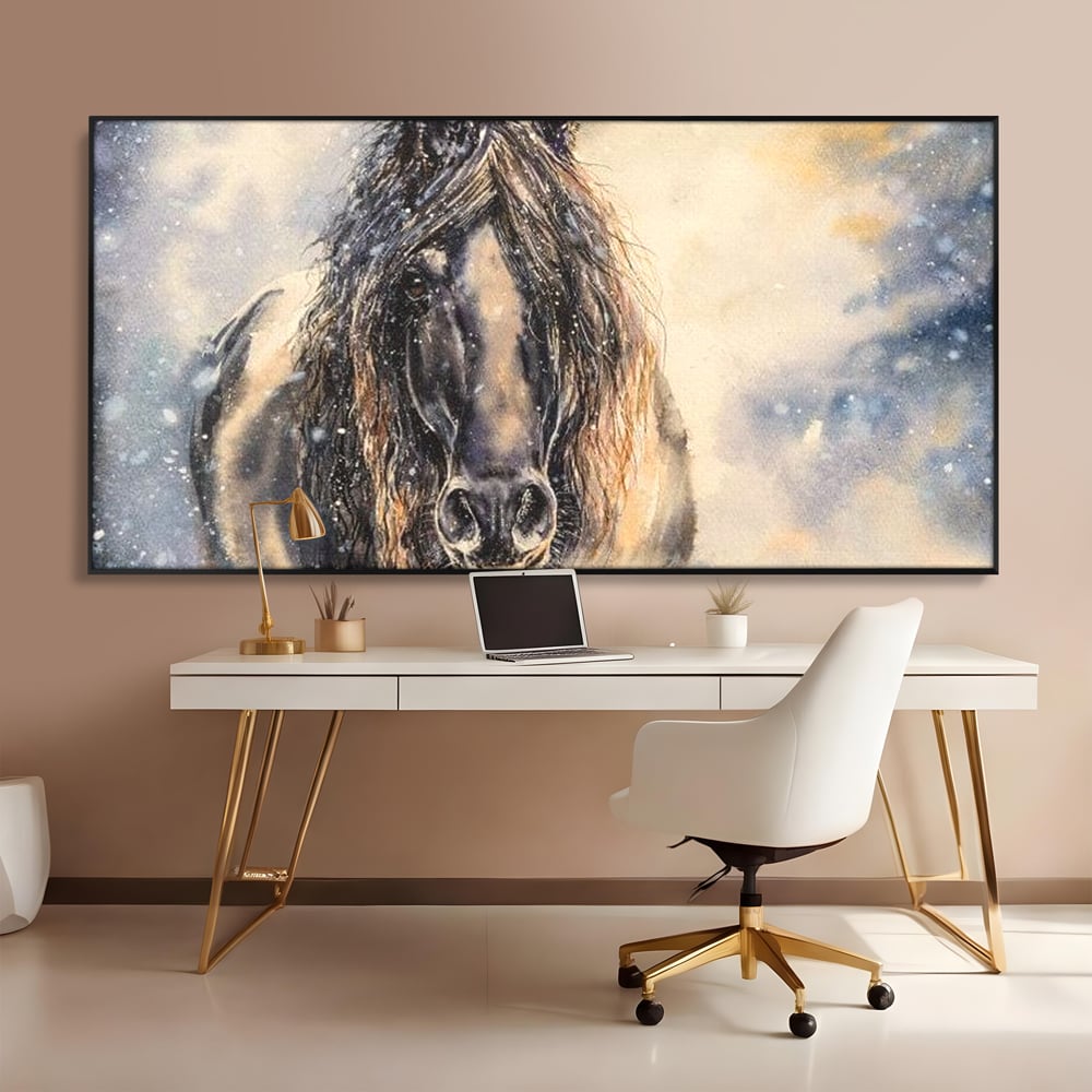 Leinwand Wandkunst Canvas Premium, LuxCanva® M1355, Reise durch den Schneesturm, Pferd, Tier, Winter, Schnee, Sturm, Schnee, Schneesturm, Wind, Licht, Licht, Blick, Malerei, Wild, Büro, Wohnen, Kinderzimmer